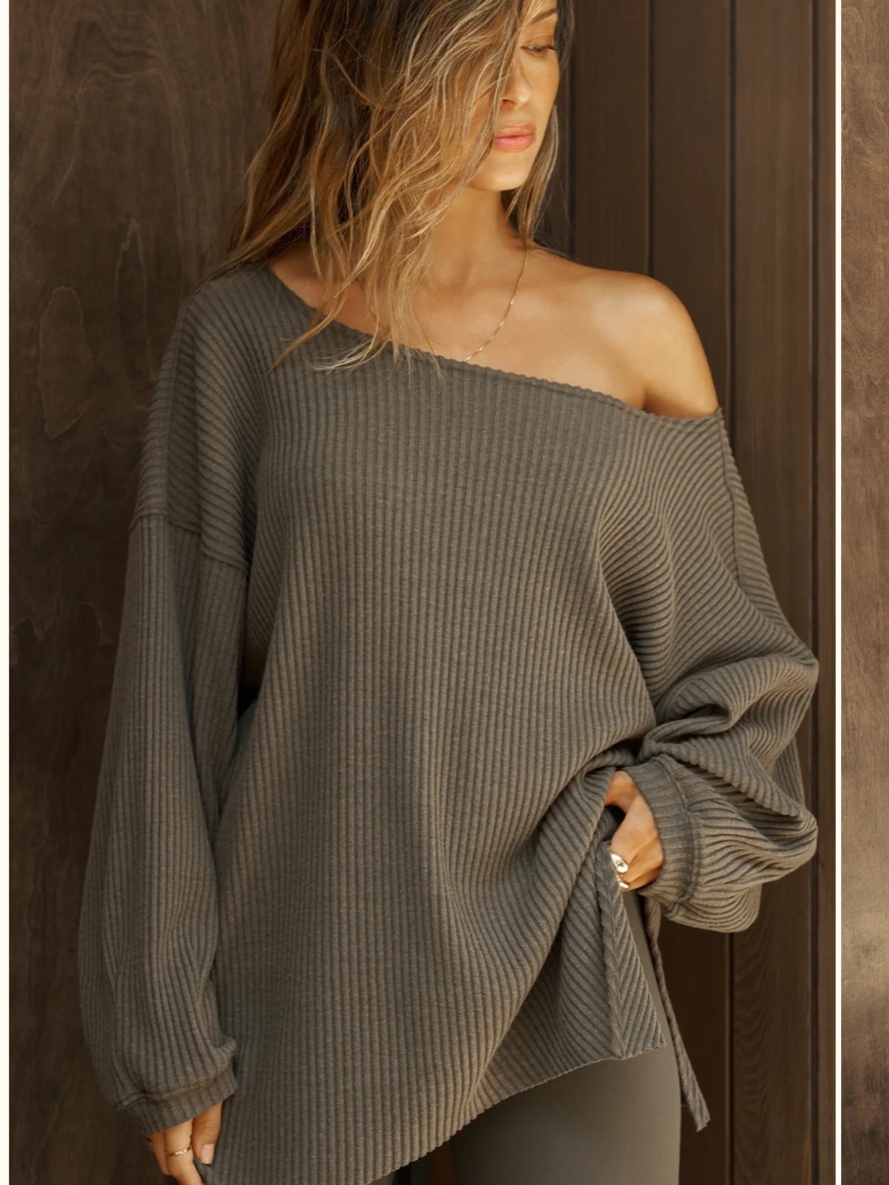 NWT New with Tags Joah Brown Off Shoulder Army Green Knit Tunic Shirt